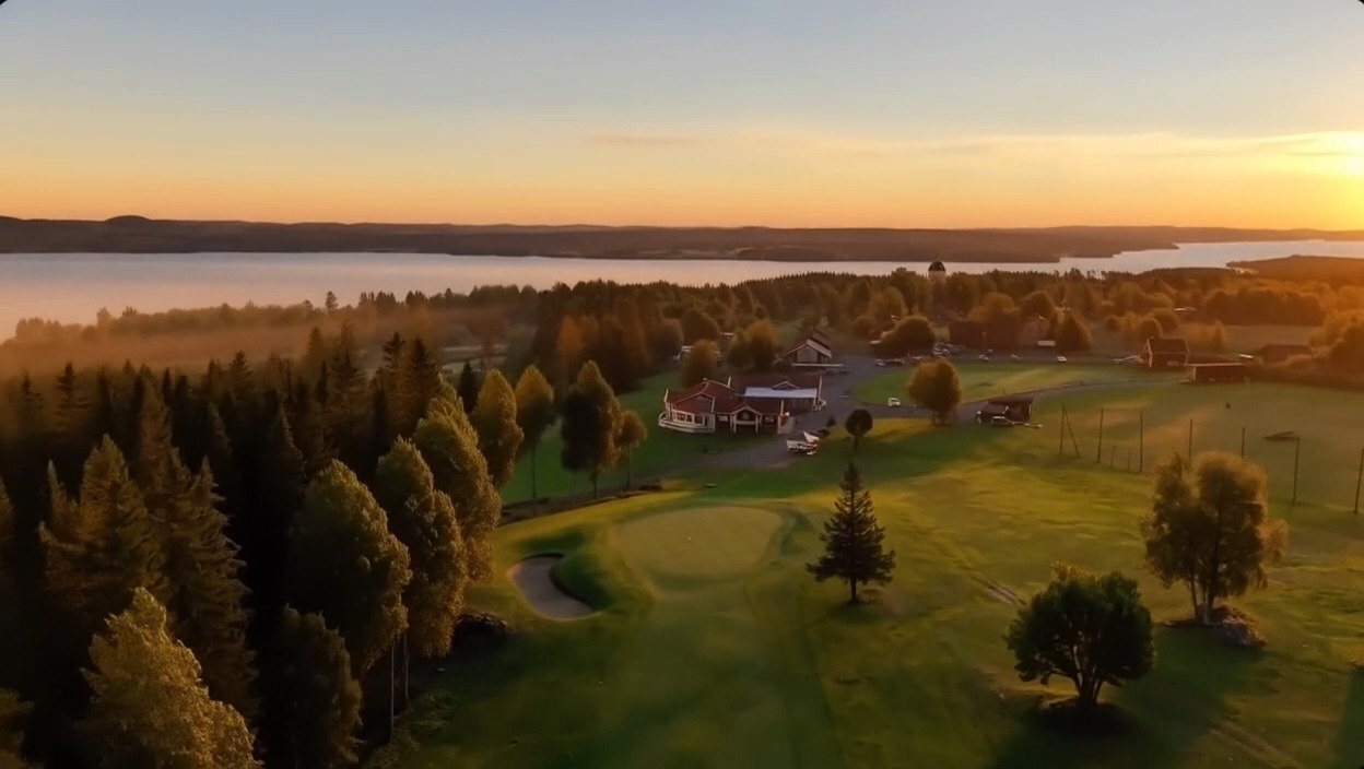 Klubbområdet i morgonljus med sjön i bakgrunden