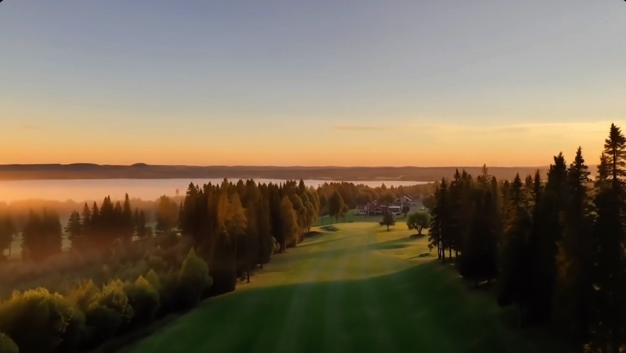 Hål 9 i morgonljus med dimma över skogen och sjön i bakgrunden